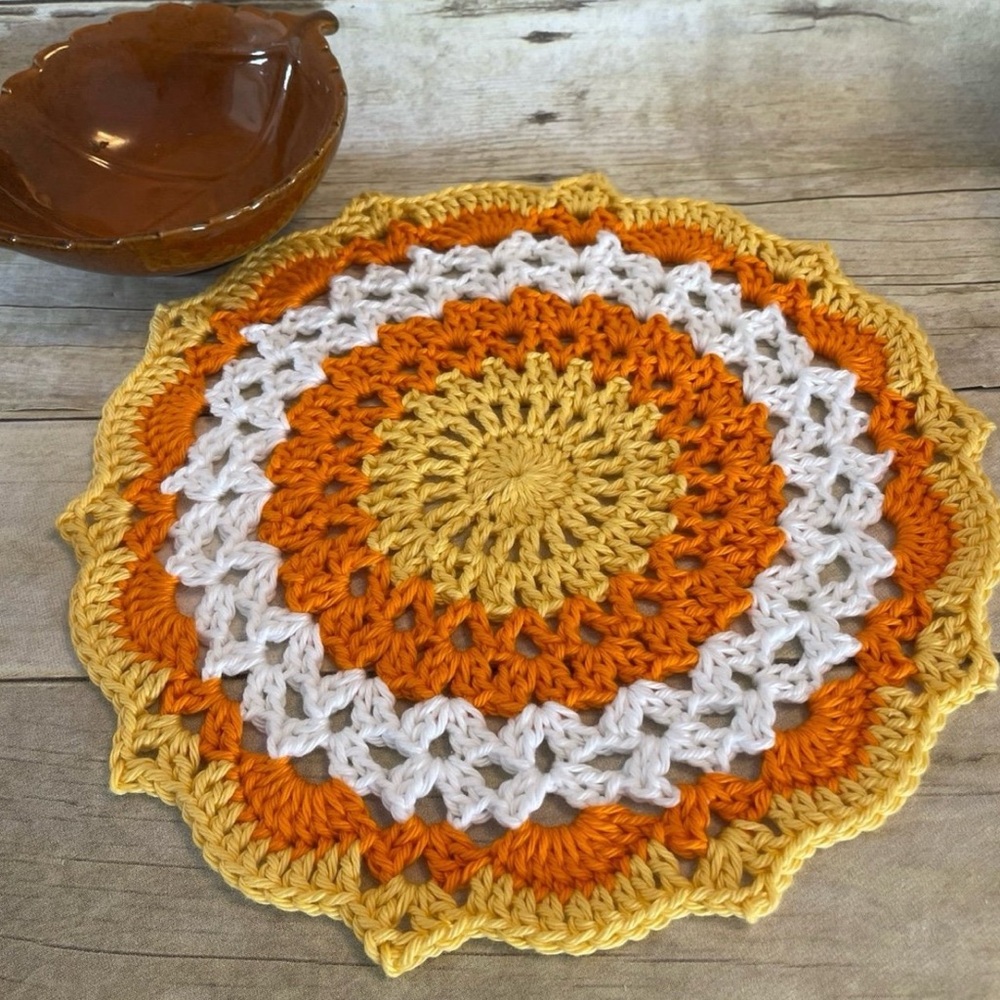 12 Inch Candy Corn Colors Crochet Doily Centerpiece Handmade